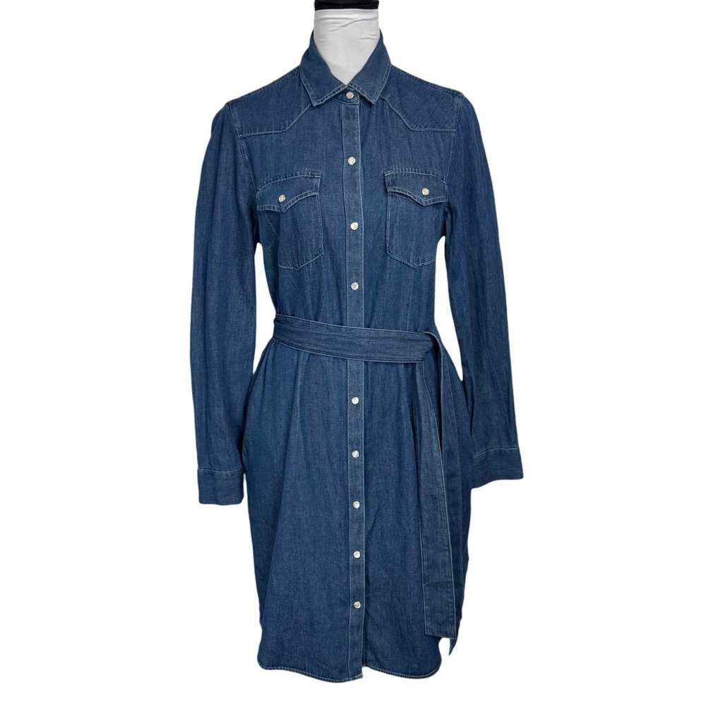 Untuckit Button Front Pearl Snap Denim Shirt Dress Sz 6 Belted Western Americana